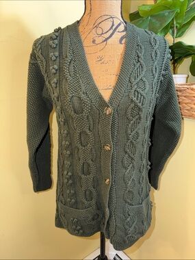 LL Bean Cotton Wool Olive Green Cable Knit V-Neck Button Cardigan XS